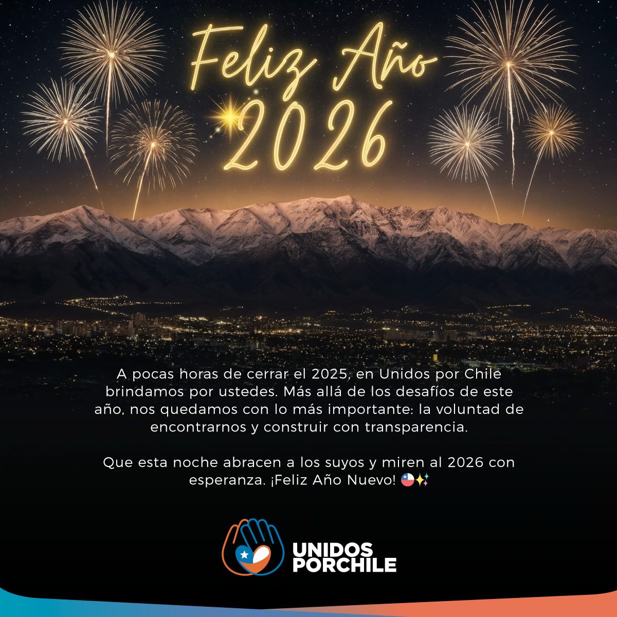 Gracias por acompañarnos en el camino de la paz, de la justicia y de la unidad nacional.
Que el 2026 llegue en compañía de sus seres queridos y cargado de cosas buenas para todos.

Son los sinceros deseos de Unidos por Chile

#unidosporchile #unidosporchileoficial #chile