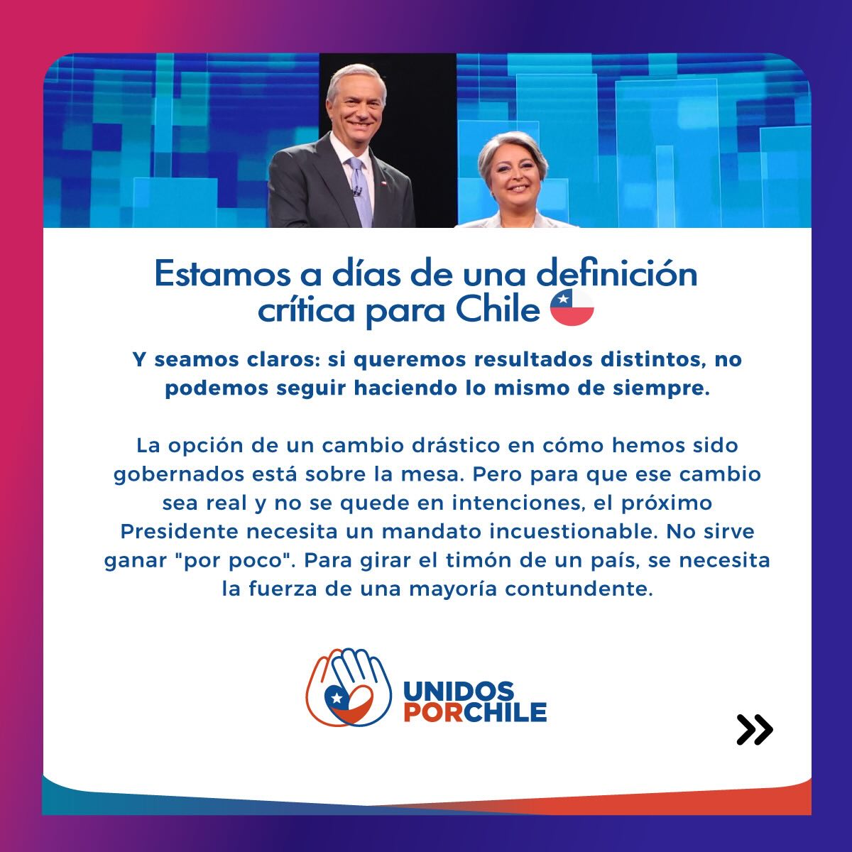 Este domingo 14 de diciembre tomaremos una decisión que puede cambiar nuestro destino.  Tenemos que decidir con la responsabilidad que nuestro país necesita y marcar nuestro sello en las urnas.

¡Que la democracia gane y la prosperidad llegue al hogar de todos los chilenos!

Por un Chile justo, libre y en paz 🇨🇱

#unidosporchileoficial#unidosporchile#chile#democracia#paz #respeto #presidenciales #futuro #prosperidad #futuro #democracia