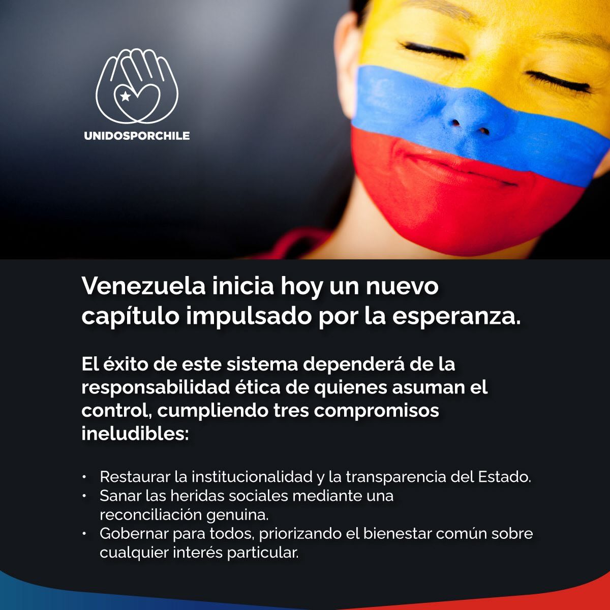 Hoy nos despertamos con una noticia que nos sorprendió a todos. 
Después de más de 20 años, Venezuela se abre a la esperanza de la libertad y el progreso.

Como movimiento ciudadano esperamos que la justicia se haga cargo y le dé al pueblo Venezolano La Paz que tanto merecen.