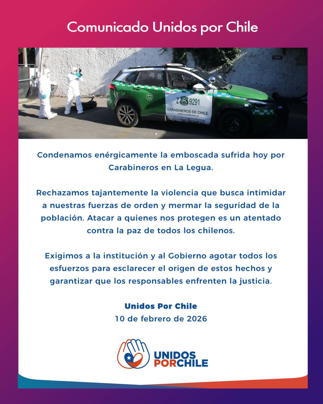 Lamentamos y rechazamos profundamente la emboscada sufrida hoy por Carabineros en La Legua.
La violencia contra la institución que trabaja para protegernos, es una vergüenza nacional. 
Comparte esta publicación, ayúdanos a difundir. 
 
Por un Chile justo, libre y en paz 🇨🇱 

#unidosporchileoficial  #unidosporchile #chile #carabineros #violencia