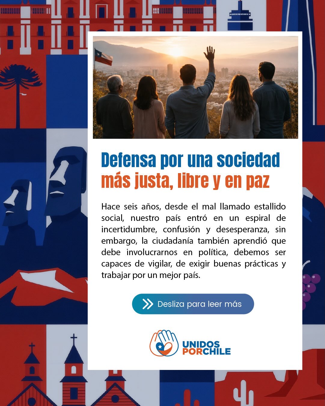 ¿Hace 6 años Chile cambió, tomó una ruta incierta que nos obligó a involucrarnos y participar por un país mejor.

Desde Unidos por Chile, seguiremos defendiendo la democracia y el bienestar de los ciudadanos a través de nuestros valores.

Por un Chile justo, libre y en paz 🇨🇱 

#unidosporchileoficial  #unidosporchile #chile #democracia #valores