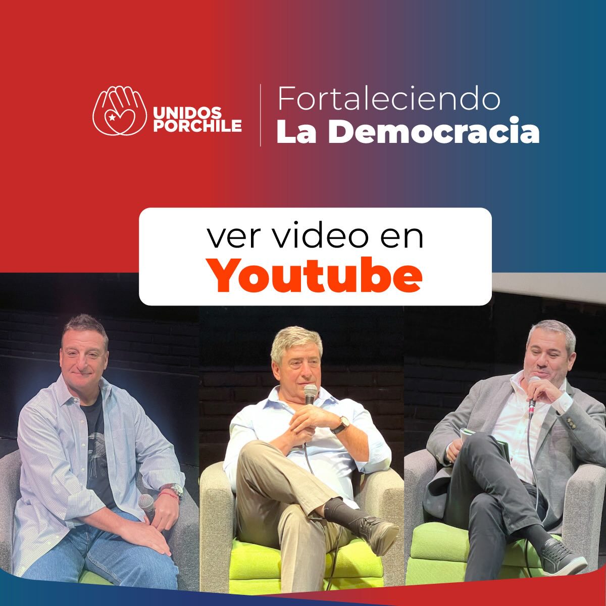 Los invitamos a revisar los mejores momentos del conservatorio “Fortaleciendo la Democracia” realizado el 16 de marzo en la Sala Nemesio Antúnez de La Reina.

Nuestros invitados Max Colodro y Javier Pérez junto al fundador de Unidos por Chile, Ricardo Tuane, sostuvieron  una conversación honesta sobre un tema que ahora más que nunca cobra gran relevancia.

Estamos convencidos de que el camino es juntos. 

¡No te pierdas este video que puedes revisar en nuestro canal de YouTube:

https://www.youtube.com/watch?v=f9N64uGUtcY
#unidosporchileoficial#chile#democracia#nuevochile#estado