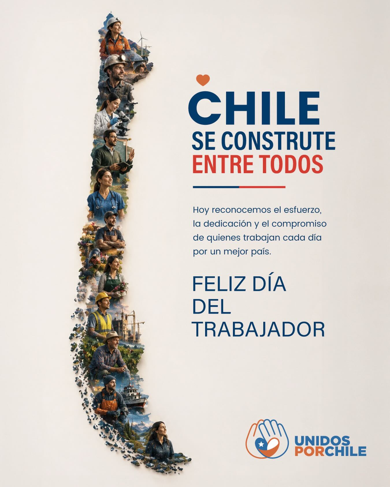 En el día del trabajo, Unidos por Chile saluda este 1º de Mayo a todos de norte a sur.

Cada persona aporta desde su rincón al crecimiento de nuestro país.

Por un Chile justo, libre y en paz 🇨🇱 

#unidosporchileoficial  #unidosporchile #diadeltrabajo #chile