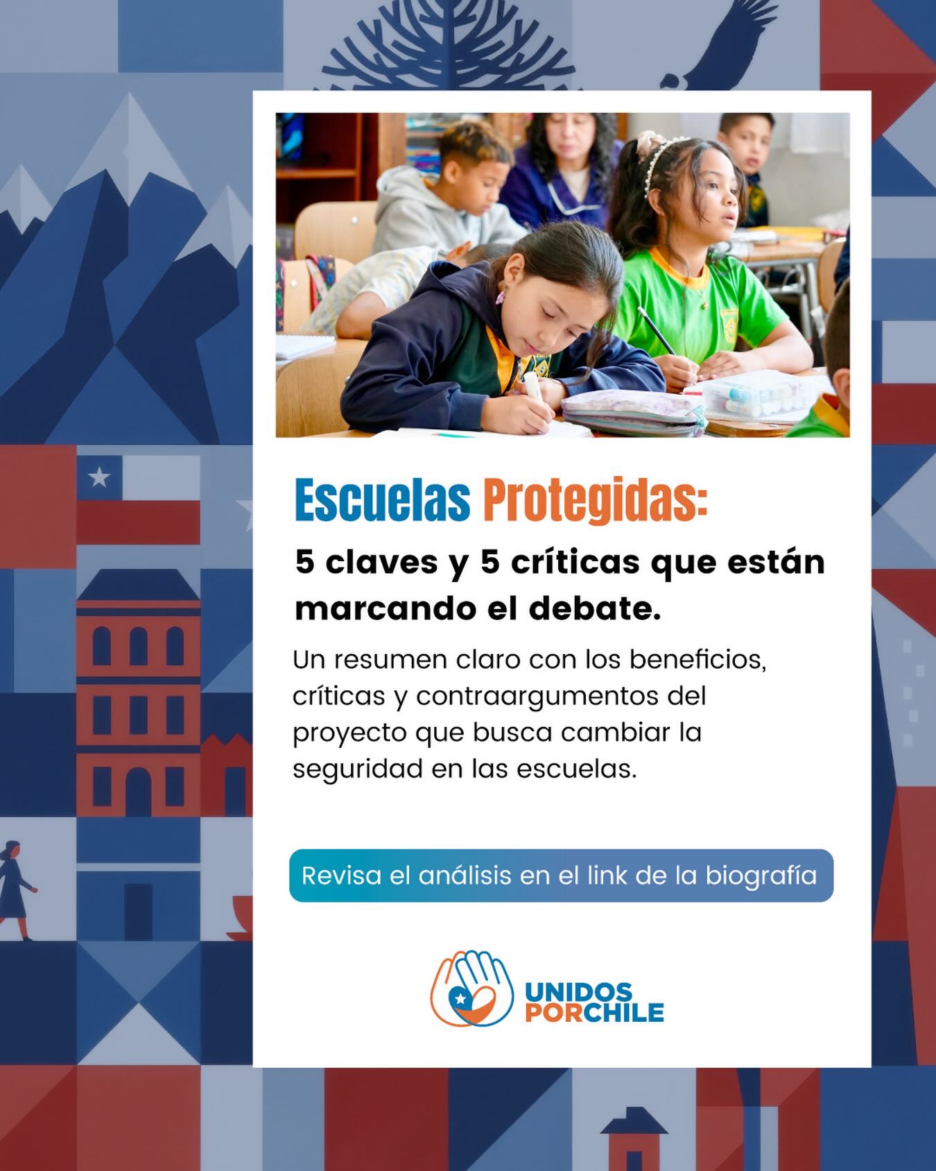 Los acontecimientos de violencia en distintos colegios de nuestra país, nos obliga a enfocarnos en las Escuelas protegidas que nos parece son prioridad nacional.
Les compartimos  5 claves y 5 críticas que están marcando el debate, un resumen que podrás revisar en el link de nuestra biografía.

Infórmate y opina acerca de la educación en Chile.

Por un Chile justo, libre y en paz 🇨🇱 

#unidosporchileoficial  #chile #educacion