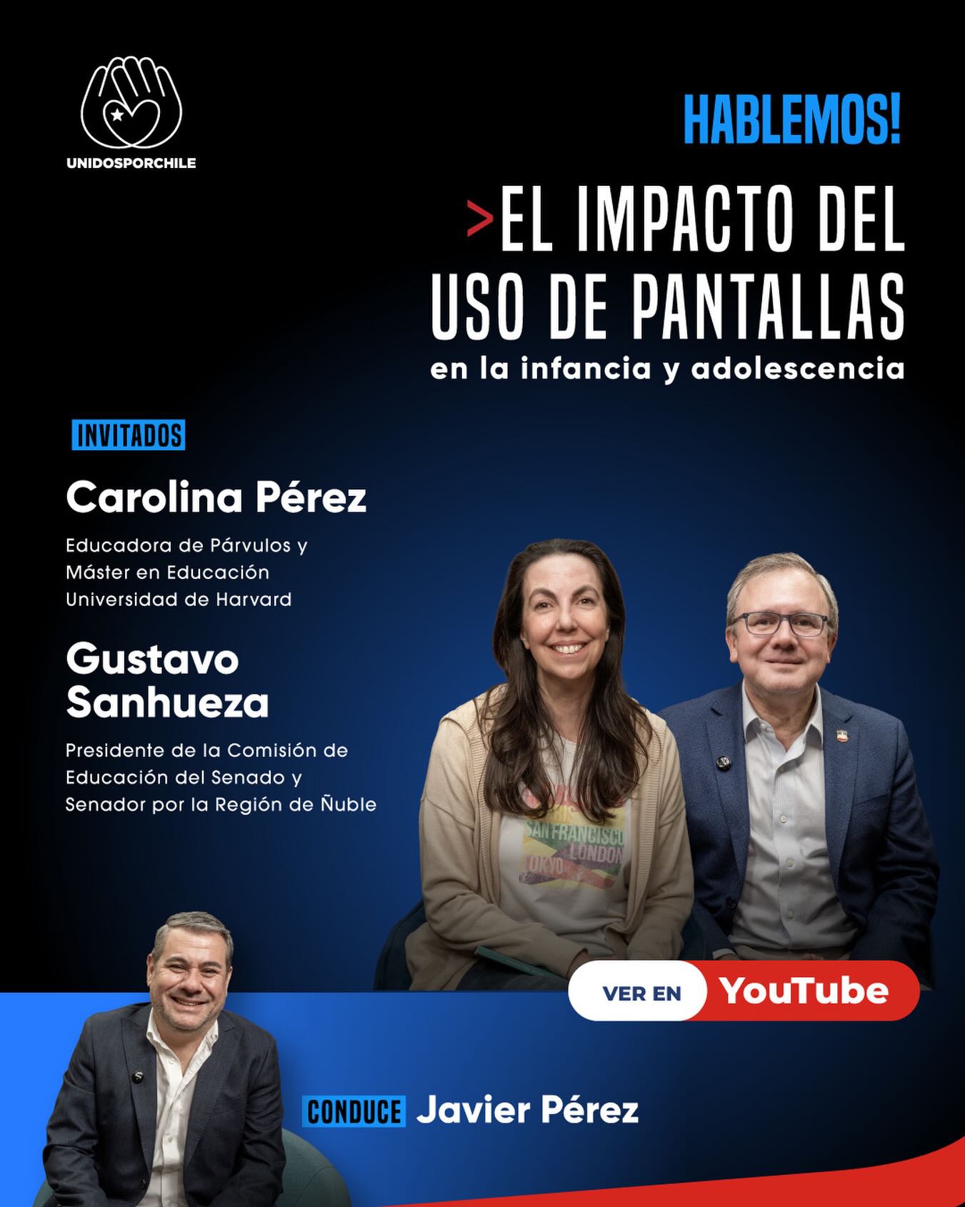 Les compartimos una interesante entrevista sobre el impacto del uso de pantallas en la infancia y adolescencia.

Javier Pérez, Magister en comunicación política, realizó la entrevista a nuestros invitados: 

Carolina Pérez Stephens, Educadora de Párvulos, Máster en educación Universidad de Harvard.

Gustavo Sanhueza, Senador por la región de Núble y presidente de la comisión de educación del senado.

Los invitamos a verla en el enlace directo o en link a YouTube en la biografía.

https://www.youtube.com/watch?v=mfxzGWlgNLQ&t=569s

#unidosporchile#unidosporchileoficial#chile #educacion