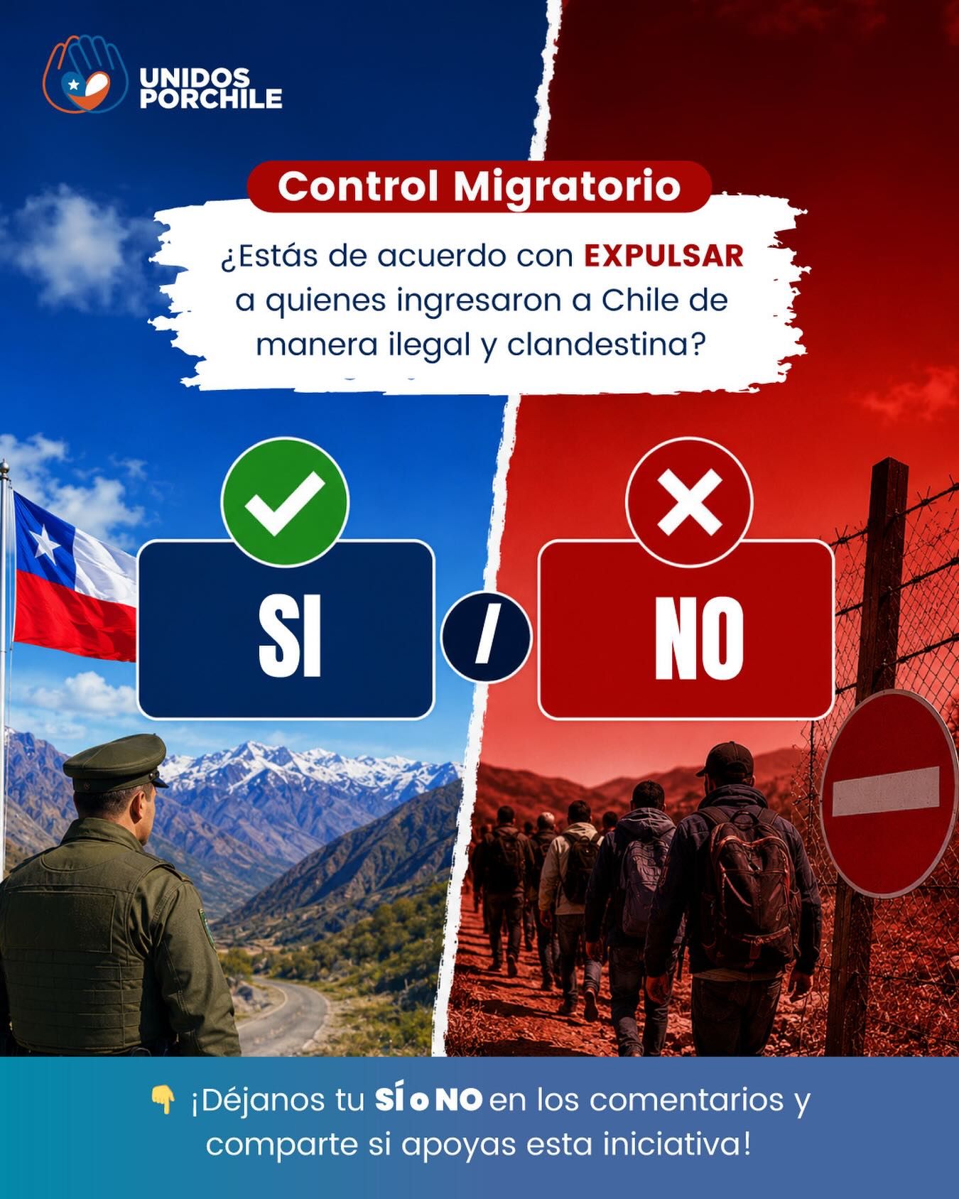 Déjanos tu opinión por un SI o por un NO y si compartes esta iniciativa.
Tu opinión es muy importante para nosotros.

#unidosporchile #unidosporchileoficial #chile #migracion #expulsion