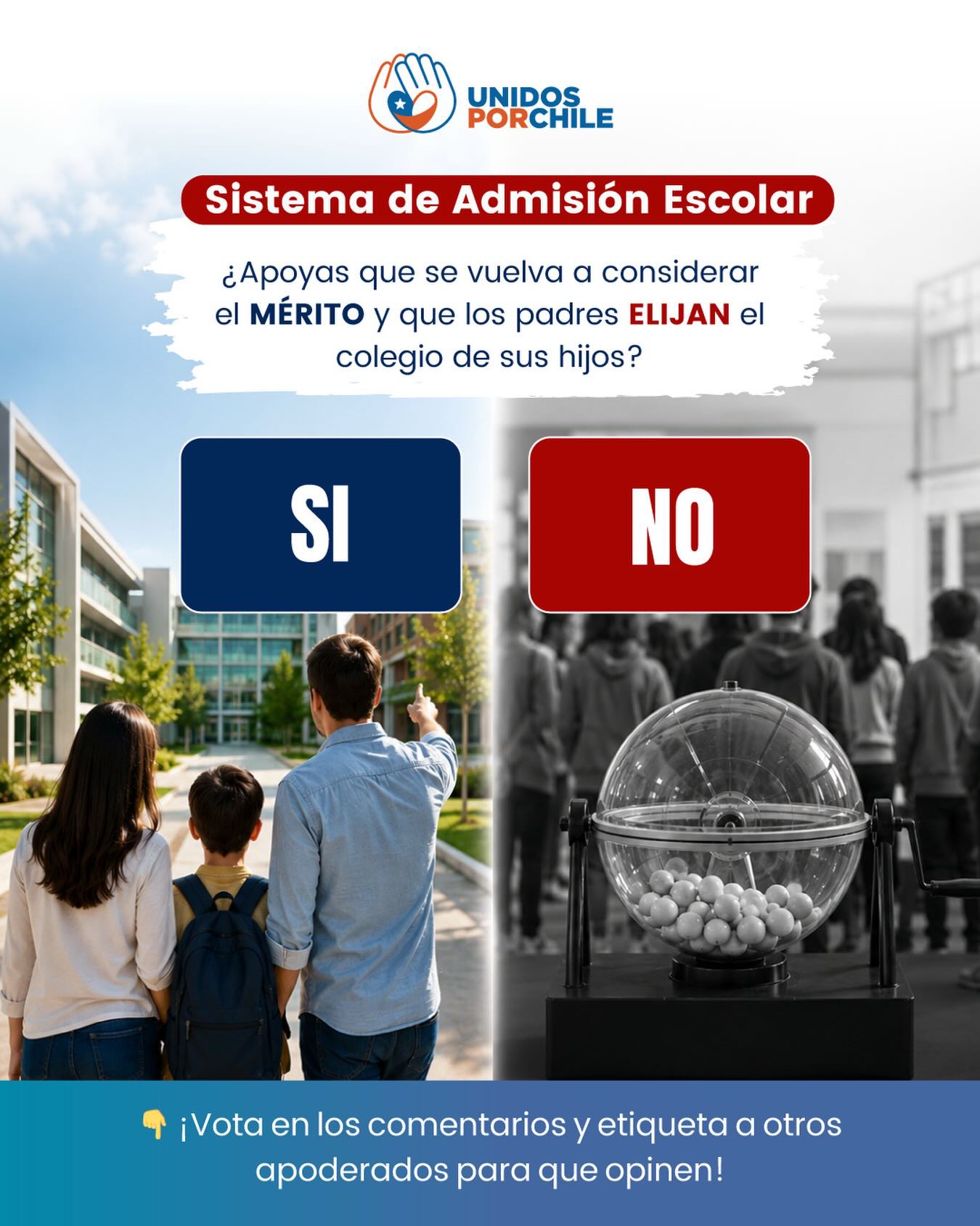 Vota por SI o por NO ✅
¿Apoyas esta iniciativa en el sistema de admisión escolar? Te leemos. 

#unidosporchile #unidosporchileoficial #chile #educacion