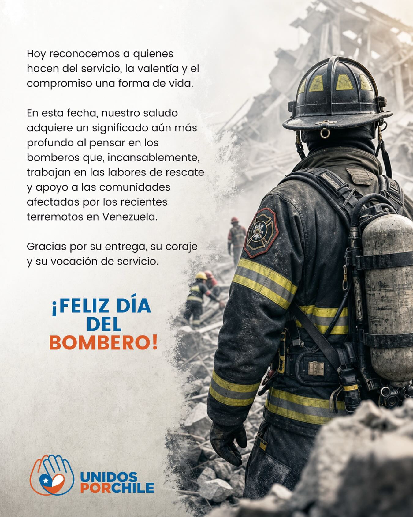 Su compromiso,  trabajo incansable y desinteresado, nos llena de orgullo como movimiento ciudadano.

Agrupaciones como estas son las que lo dan todo sin esperar nada a cambio y que son tan importantes para nuestro país.

¡Feliz Día del Bombero! Gracias por tanto.

 #unidosporchileoficial #unidosporchile #bomberosdechile #cuerpodebomberos #gracias
