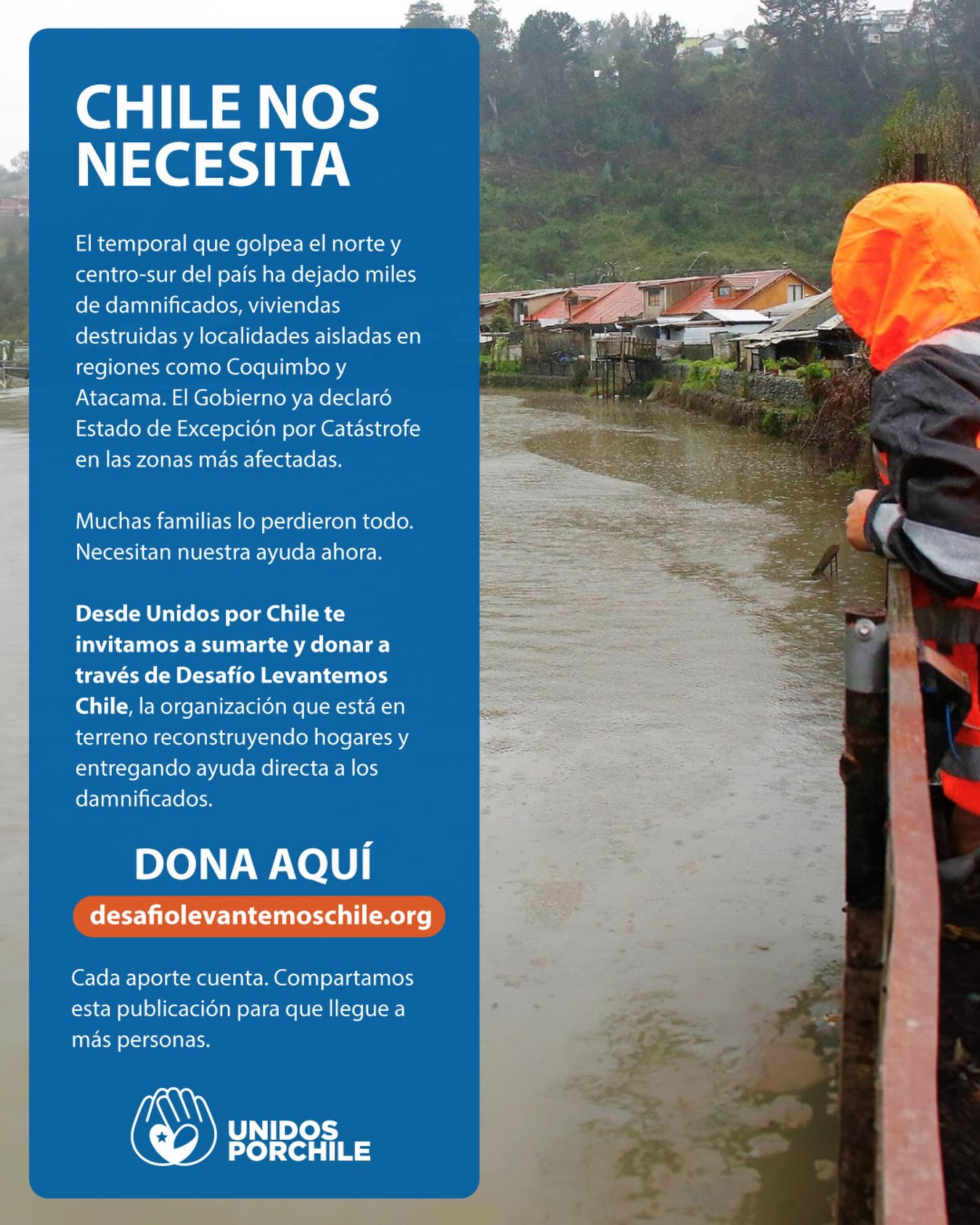 Apoyemos a los damnificados del temporal, hoy nos necesitan.
Deja tu donación ingresando a: 

👉Hoy la emergencia es el sistema frontal - Desafío Levantemos Chile

#unidosporchileoficial #unidosporchile #ayuda  #temporal #donacion