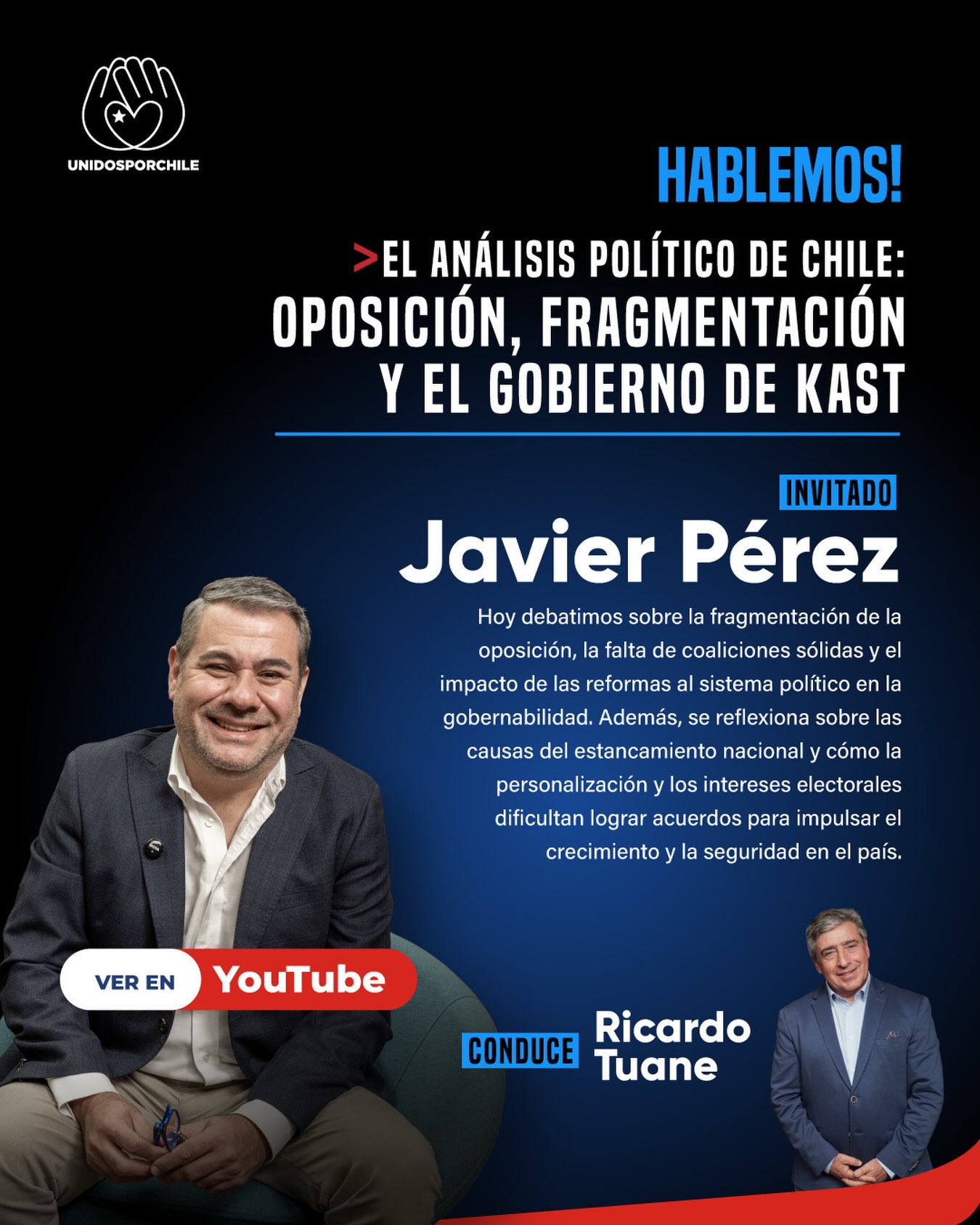 Hoy nuestra entrevista nos lleva a al análisis político de Chile.
Ricardo Tuane conversó con Javier Pérez, Analista y Máster en comunicación política, acerca de la oposición, fragmentación y el gobierno de José Antonio Kast.

Una conversación imperdible, te invitamos a verla en  nuestro canal de YouTube:

https://www.youtube.com/watch?v=lm2xDeHHrnE

#unidosporchile#unidosporchileoficial#chile#fragmentacion #política