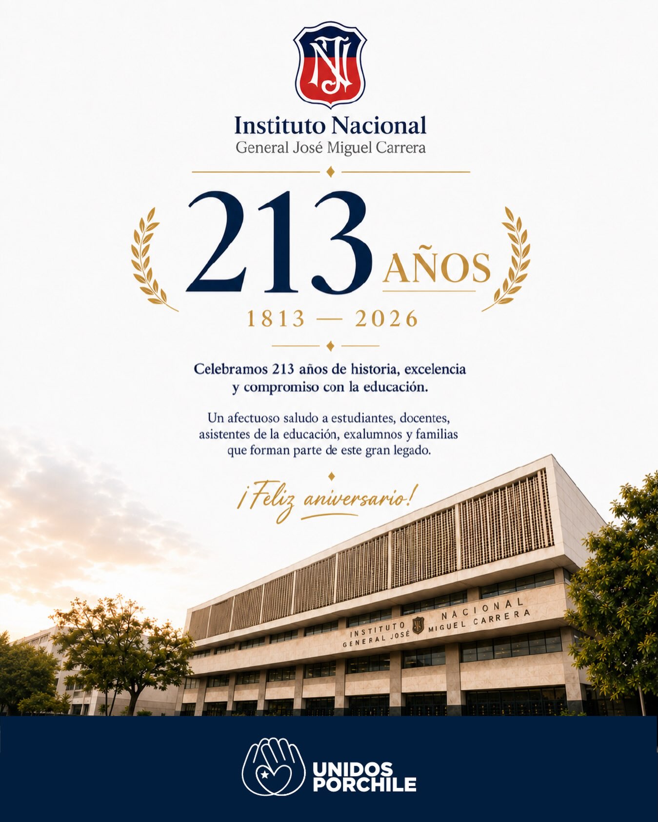 El Instituto Nacional considerado el establecimiento educacional más emblemático de Chile desde su apertura el 10 de agosto de 1813, hoy cumple 213 años.

Grandes personajes pasaron por este importante colegio: 18 presidentes de la república, decenas de ganadores de premios nacionales en distintas disciplinas entre otros que, fueron parte de una institución que a través de los años trabajó por alcanzar la excelencia académica.

Unidos por Chile como movimiento ciudadano, los saluda con orgullo y les desea que sigan luchando por la formación de alta exigencia que tanto necesita nuestro país.

#unidosporchileoficial #unidosporchile #institutonacional #excelencia #acadêmica