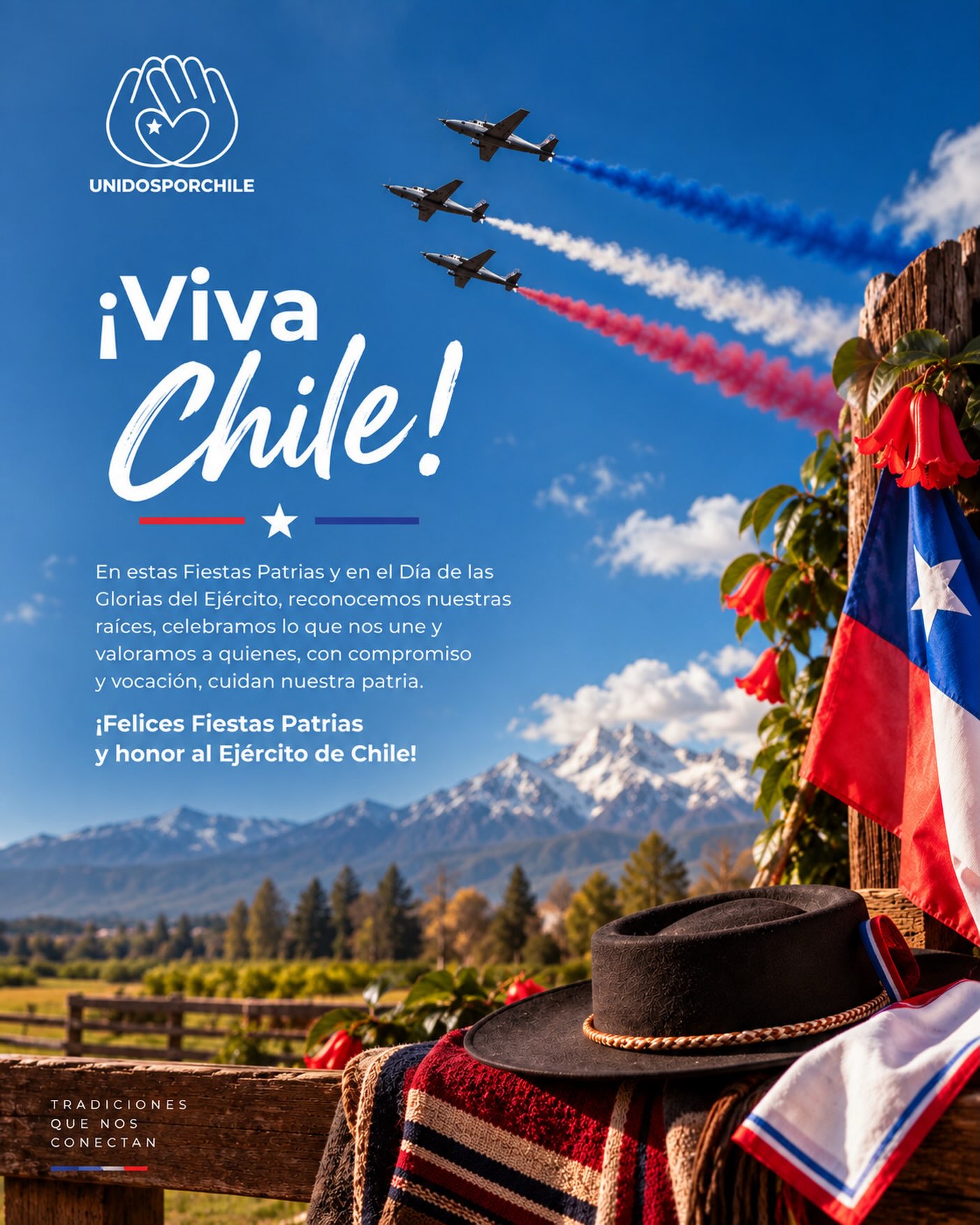 ¡Felices fiestas patrias les desea Unidos por Chile!

Vivamos la chilenidad con mucha alegría y celebrando con orgullo este 18  y también el Día de las Glorias del Ejercito mañana 19 de septiembre.

Por un Chile justo, libre y en paz 🇨🇱 

#unidosporchileoficial  #unidosporchile #chile#fiestaspatrias #gloriasdelejercito
