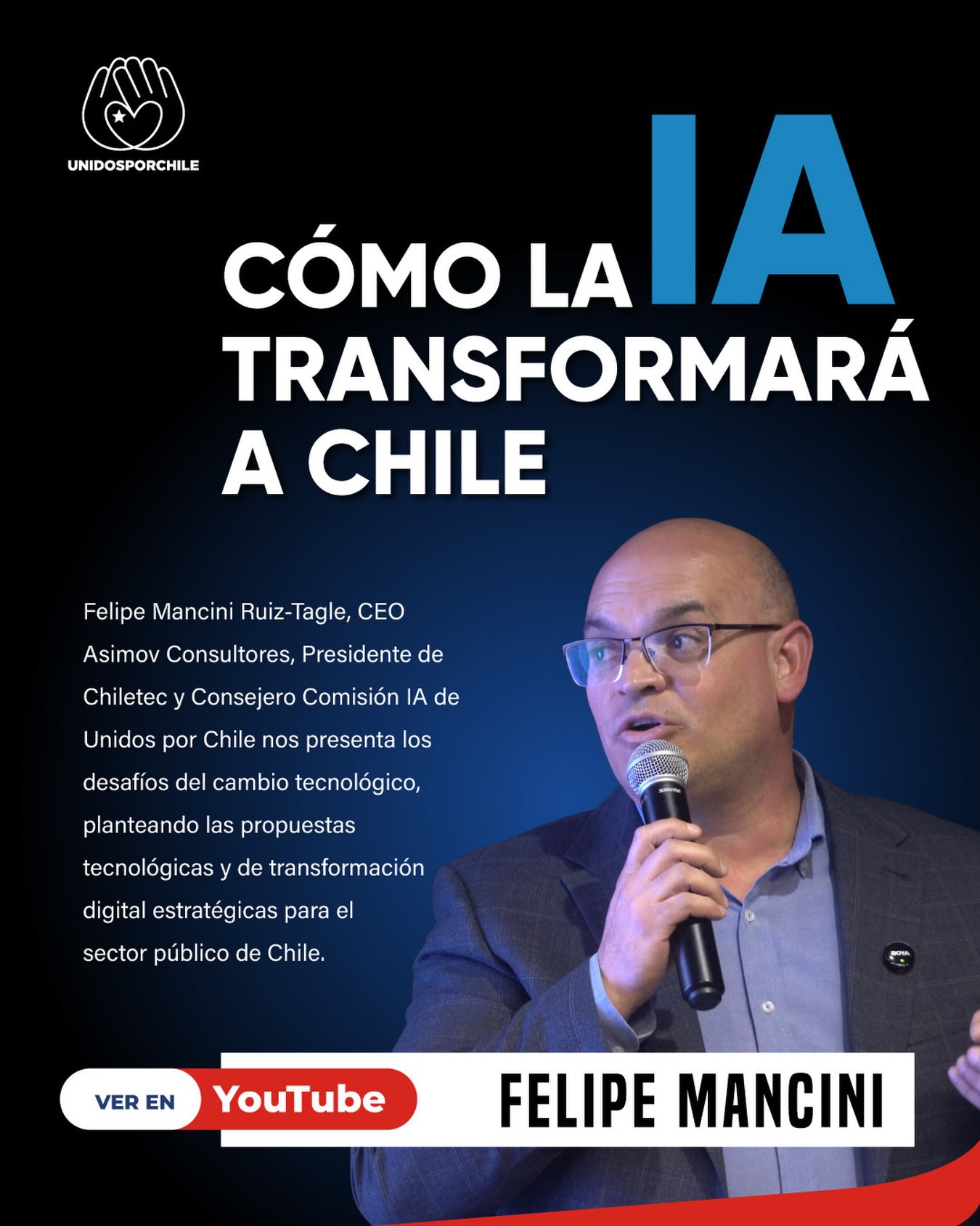“La IA ya está transformando a Chile, ¿Qué viene ahora”?
Los invitamos a ver la presentación realizada por Felipe Mancini en la segunda reunión de consejeros de Unidos por Chile. 

Felipe es presidente de la comisión de IA Unidos por Chile, Chief Executive Officer de ASIMOV consultores y presidente de Asociación de Empresas chilenas de Tecnología AG.

👉Enlace directo a la entrevista:

Cómo la IA transformará Chile [Propuestas para el sector público] - YouTube

#unidosporchile#unidosporchileoficial#chile #tecnologia