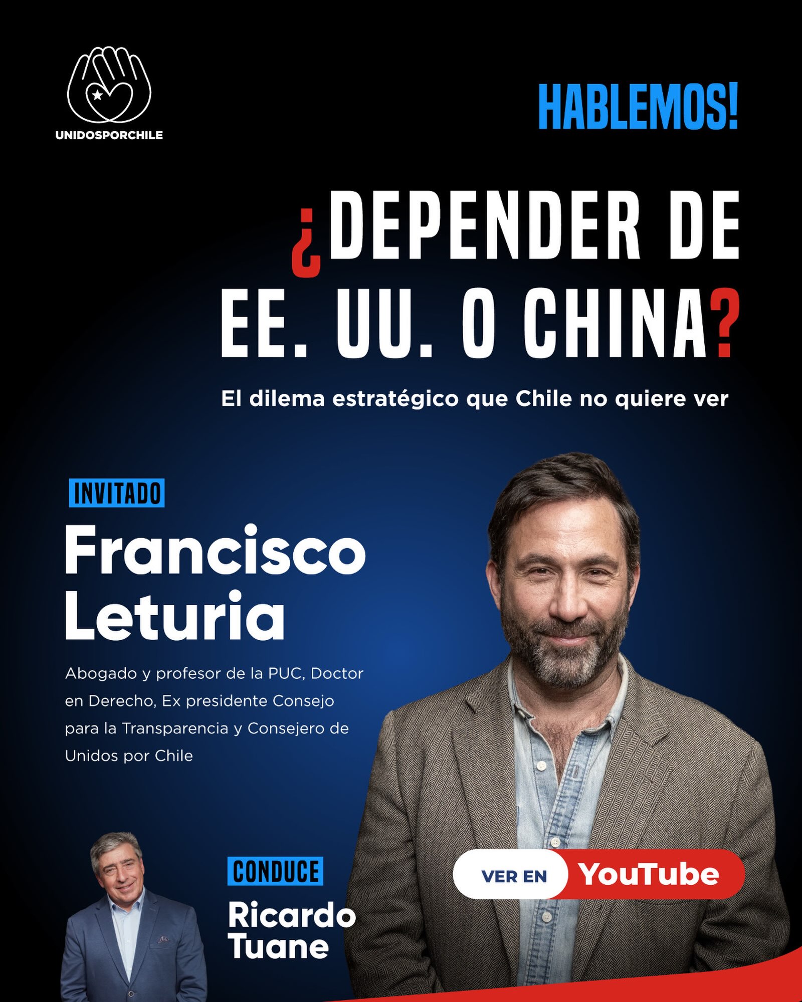 Nuestro  entrevistado de  hoy, Francisco Leturia, nos plantea un dilema estratégico: ¿Depender de EE:UU o China? 

Francisco es Consejero de Unidos por Chile, Abogado y Profesor de la PUC, Doctor en derecho y Ex presidente del consejo para la transparencia.

Analiza junto a Ricardo Tuane,  los desafíos de Chile frente al crimen organizado y otros temas de gran importancia que te invitamos a ver.

Revisa la entrevista en nuestro canal de Youtube: 
https://www.youtube.com/watch?v=X8cO8GKYcM8
#unidosporchile#unidosporchileoficial#chile #transparencia #desafios