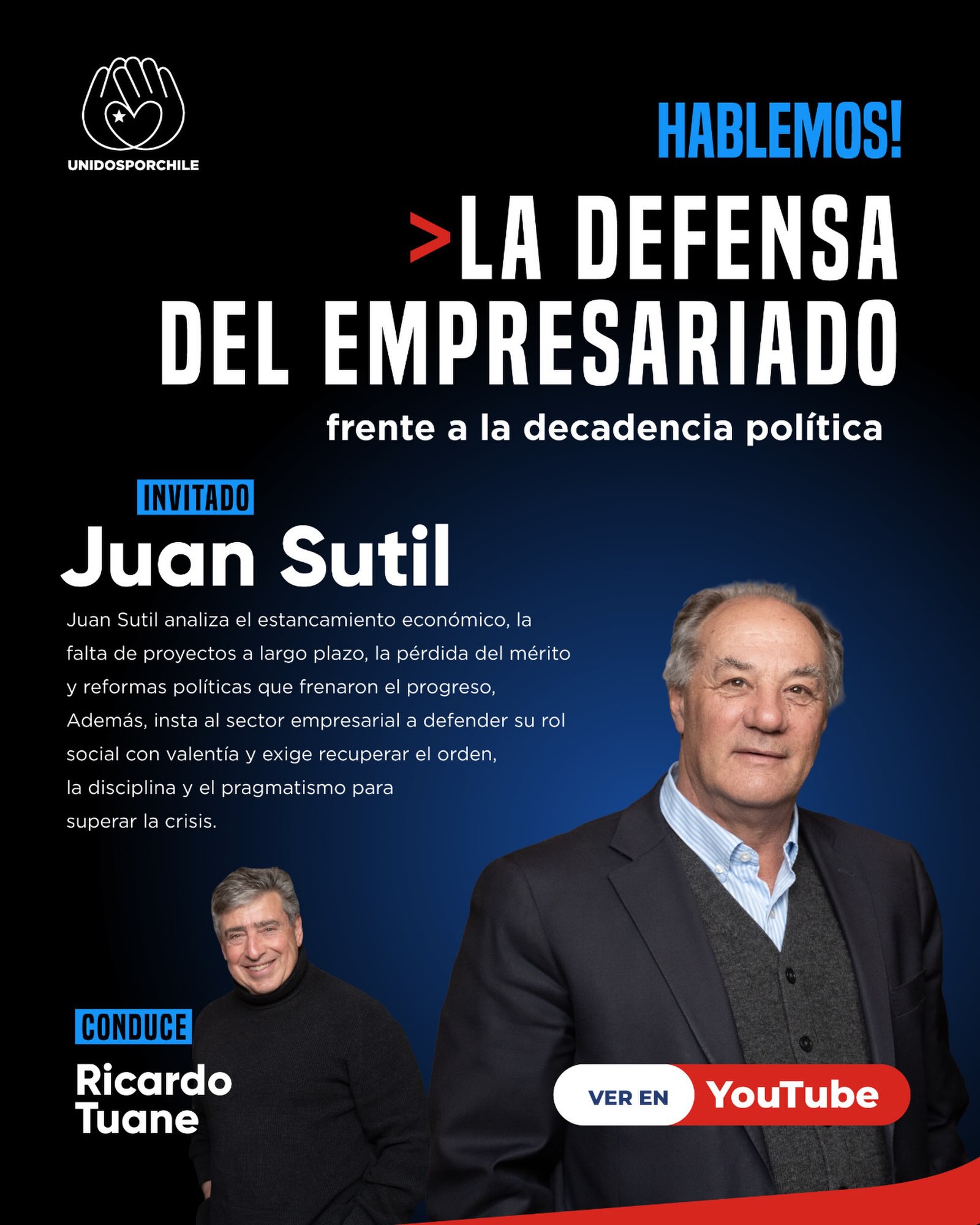 En nuestra entrevista de hoy, compartimos con Juan Sutil. Empresario agroindustrial, expresidente de la CPC y consejero de Unidos por Chile.

En conversación con Ricardo Tuane, analizó el estancamiento económico y además insta al sector empresarial a defender su rol social con valentía.

Revisa la entrevista completa en nuestro canal de Youtube: 
https://www.youtube.com/watch?v=IkqHLaaIOfU

#unidosporchile#unidosporchileoficial#chile#empresa #desafios