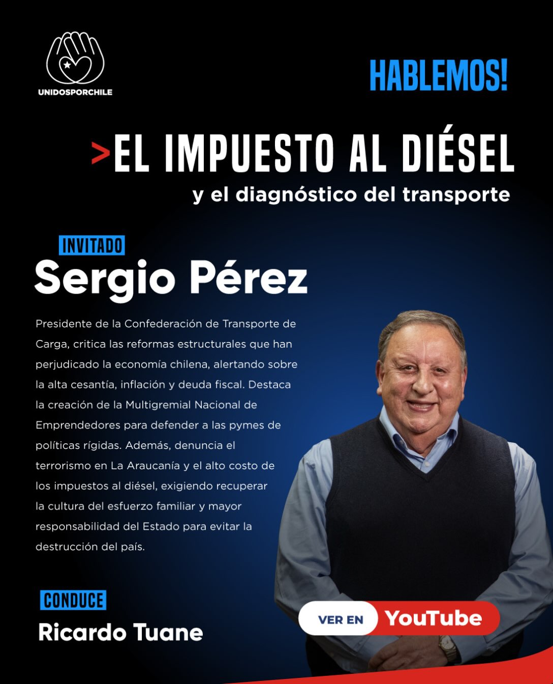 En nuestra entrevista de hoy, Ricardo Tuane sostuvo una conversación muy potente con Sergio Pérez, presidente de la CNTC. Dentro de los temas destacamos:

Reformas estructurales, deuda fiscal, terrorismo en la Araucanía, y mucho más.

Revisa la entrevista completa en nuestro canal de YouTube:
https://www.youtube.com/watch?v=EuO6qn_dtfg

#unidosporchile#unidosporchileoficial#chile #cntc