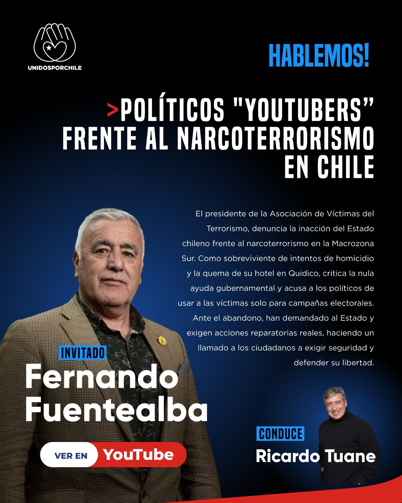 Nuestro entrevistado de hoy es Fernando Fuentealba, presidente de la Asociación de Víctimas del Terrorismo. Conduce Ricardo Tuane, Fundador de Unidos por Chile

No te pierdas esta conversación franca y abierta donde se hace un llamado a los ciudadanos a exigir seguridad.

Revisa la entrevista completa en nuestro canal de YouTube:

 https://www.youtube.com/watch?v=-Q-SweZpNLo

#unidosporchile#unidosporchileoficial#chile #narcoterrorismo #estado